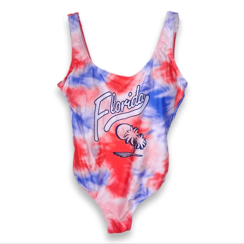 Womens Bikini Bathing Suit One-Piece Tie Dye Swimsuit Red White Blue Florida-1X
